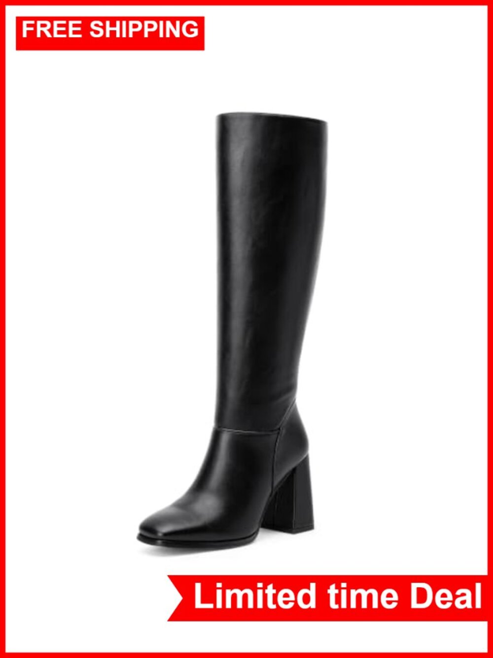 Faux Leather Knee High Chunky Block Heel Square Toe Dress Boots